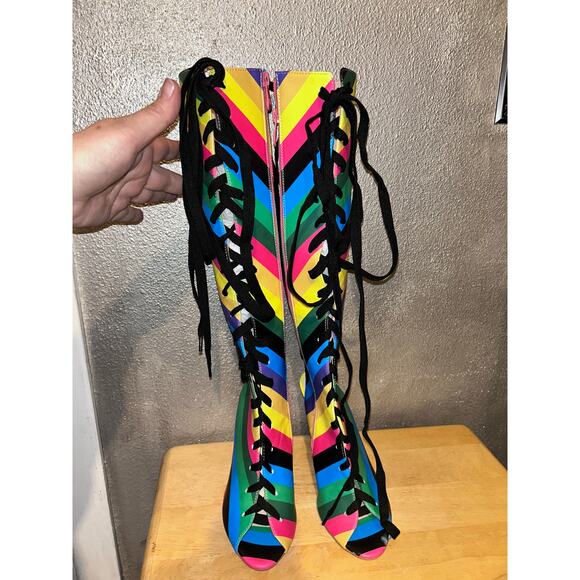 FSJ Rainbow Multicolor Stripes Peep Toe Knee High Lace Up Stiletto Heel Boots - Picture 8 of 12